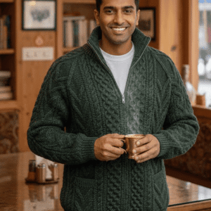 Men’s Hand Knit Zip-Up Cable Sweater