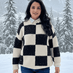 Women’s Hand Knit Checkerboard Wool Sweater
