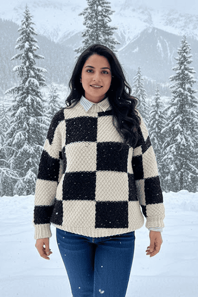 Women’s Hand Knit Checkerboard Wool Sweater